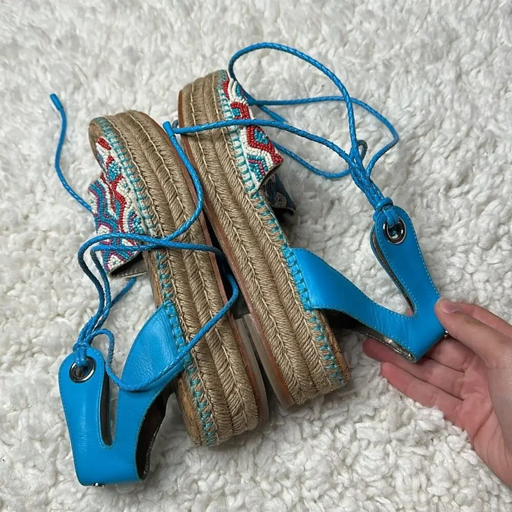 Sam Edelman Colorful Patterned Beaded Women Sandals Lace Up Espadrille Platform